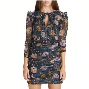 Veronica Beard Silk Metallic Floral Ruched Mini Dress Wedding Guest Size 6